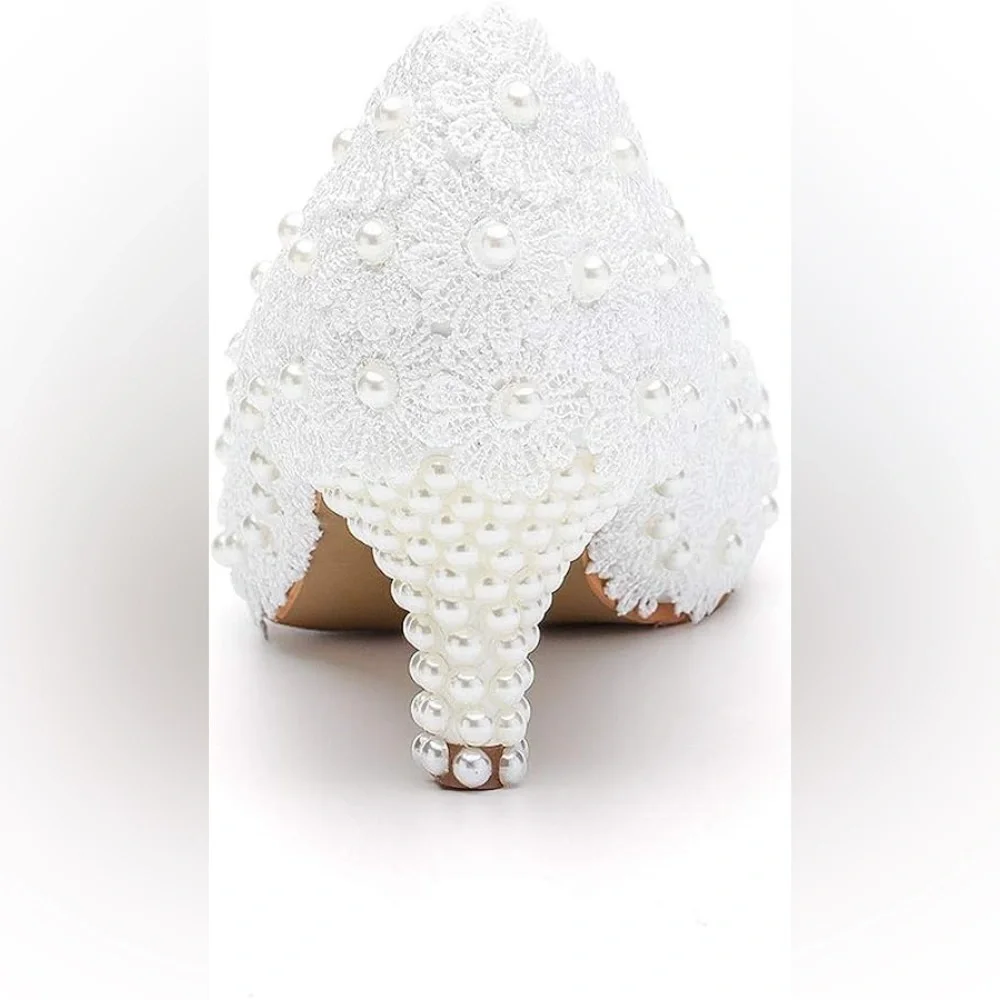 Crystal Queen Bridal White Lace Pearl Kitten Heels Wedding Pumps Size 40 8.5 US - Picture 5 of 15